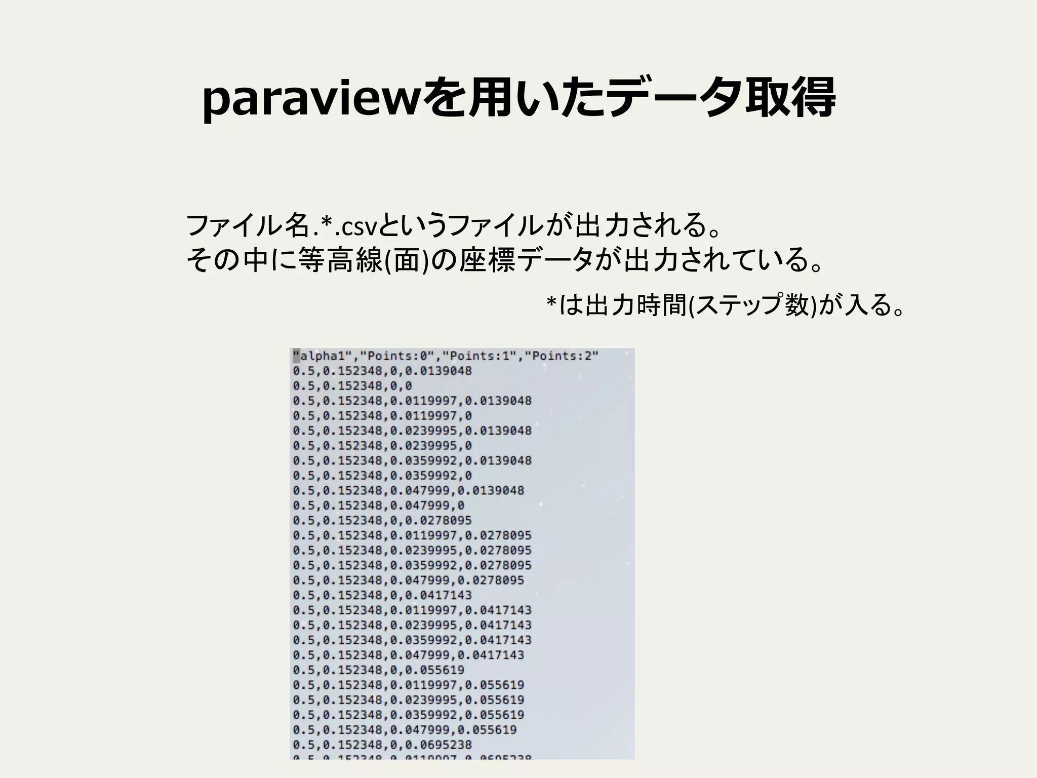 paraviewを⽤用いたデータ取得
ファイル名.*.csvというファイルが出力される。	
  
その中に等高線(面)の座標データが出力されている。	
*は出力時間(ステップ数)が入る。	
 