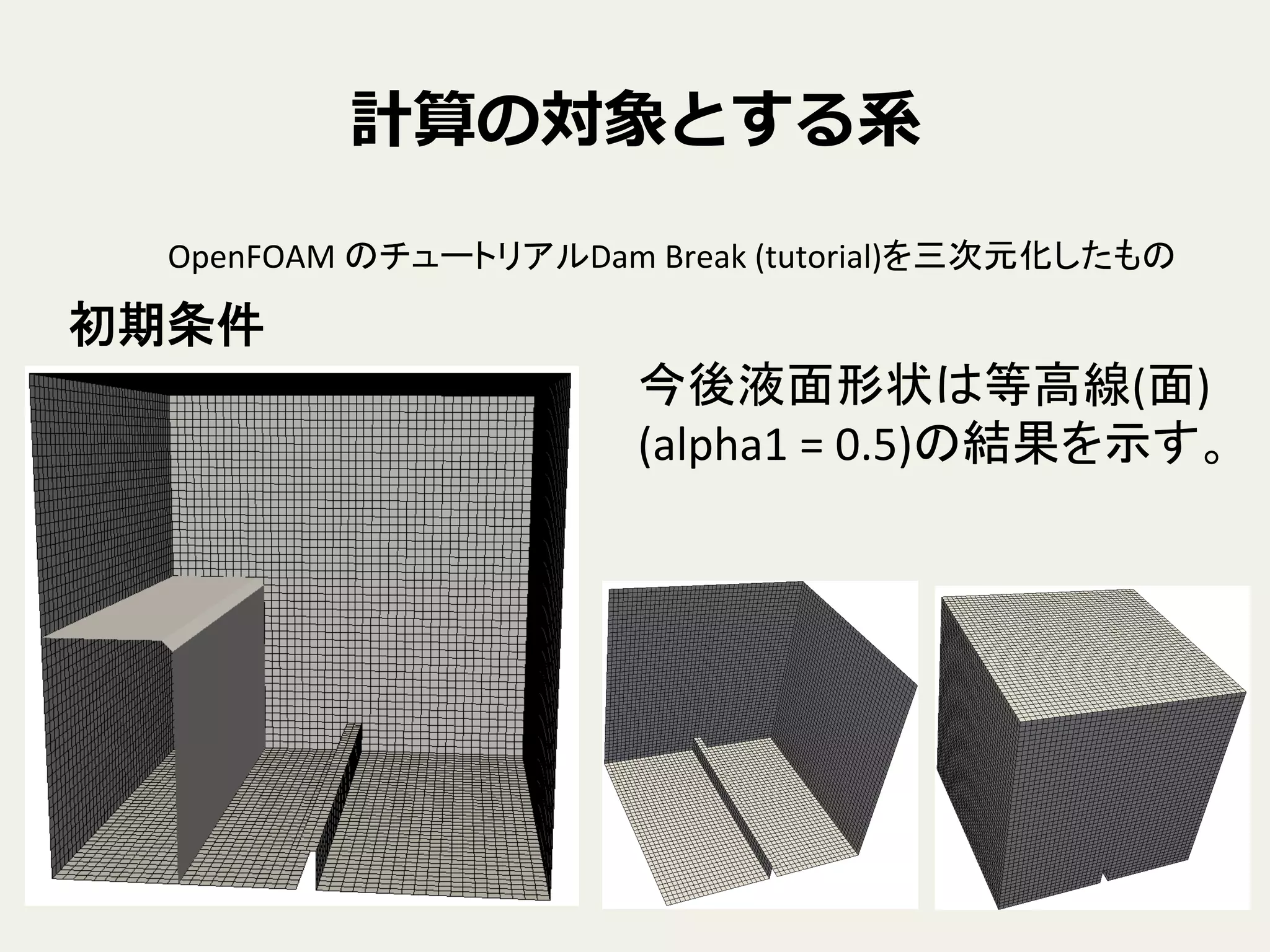 計算の対象とする系
OpenFOAM	
  のチュートリアルDam	
  Break	
  (tutorial)を三次元化したもの	
初期条件	
今後液面形状は等高線(面)	
  
(alpha1	
  =	
  0.5)の結果を示す。	
 