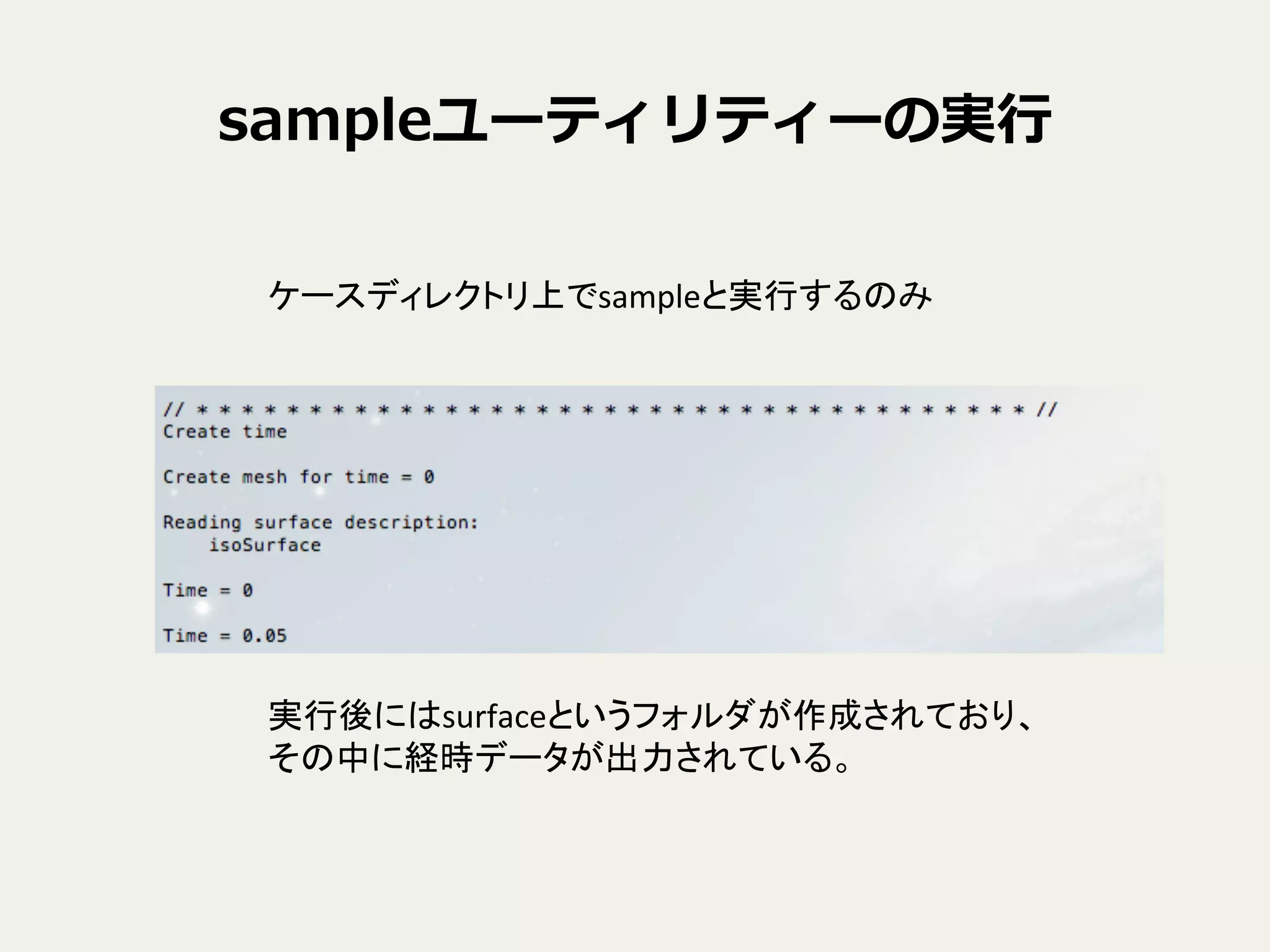sampleユーティリティーの実⾏行行
ケースディレクトリ上でsampleと実行するのみ	
実行後にはsurfaceというフォルダが作成されており、	
  
その中に経時データが出力されている。	
 