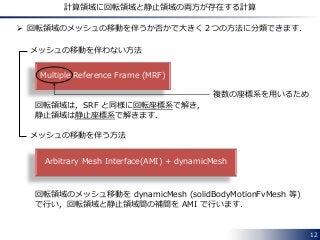12
計算領域に回転領域と静止領域の両方が存在する計算
 回転領域のメッシュの移動を伴うか否かで大きく２つの方法に分類できます．
メッシュの移動を伴わない方法
メッシュの移動を伴う方法
回転領域は，SRF と同様に回転座標系で解き，
静止領域は静止座標系で解きます．
Multiple Reference Frame (MRF)
複数の座標系を用いるため
Arbitrary Mesh Interface(AMI) + dynamicMesh
回転領域のメッシュ移動を dynamicMesh (solidBodyMotionFvMesh 等)
で行い，回転領域と静止領域間の補間を AMI で行います．
 