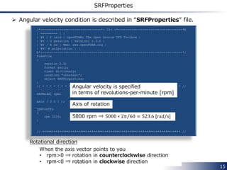 15
mixer tutorial | Case structure
transportProperties
polyMesh
RASProperties
systemconstant0
controlDict
fvSchemes
fvSolution
boundary
faces
neighbour
owner
points
Urel
p
k
omega
nut
case
SRFProperties
 Pay attention to these files!
• Urel represents the relative velocity field
• Rotating velocity condition is described in SRFProperties file
SRFSimpleFoam
 