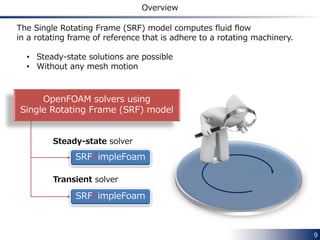 9
Chapter 2 Single Rotating Frame
In this chapter we shall describe how to set up the solvers
and
to simulate an incompressible flow field
in a single rotating frame.
SRFSimpleFoam SRFPimpleFoam
 