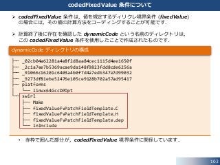 103
codedFixedValue 条件について
 codedFixedValue 条件は，値を規定するディリクレ境界条件 (fixedValue)
の場合には，その値の計算方法をコーディングすることが可能です．
 計算終了後に存在を確認した dynamicCode という名前のディレクトリは，
この codedFixedValue 条件を使用したことで作成されたものです．
• 赤枠で囲んだ部分が，codedFixedValue 境界条件に関係しています．
├── _02cb04a62281a4e8f2d8aa84cec1115d4ee1650f
├── _2c1a7ee7b5369acae9da148f9823fdd8cde6256a
├── _91066c16201c6403a4b0f7d4a7edb347e7d99032
├── _9273df81ebe52476e105ce9128b702a57ad95417
├── platforms
│ └── linux64GccDPOpt
└── swirl
├── Make
├── fixedValueFvPatchFieldTemplate.C
├── fixedValueFvPatchFieldTemplate.H
├── fixedValueFvPatchFieldTemplate.dep
└── lnInclude
dynamicCode ディレクトリの構成
 