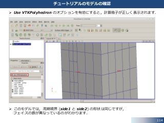  Use VTKPolyhedron のオプションを有効にすると，計算格子が正しく表示されます．
 このモデルでは，周期境界 (side1 と side2) の形状は同じですが，
フェイスの数が異なっているのがわかります．
114
チュートリアルのモデルの確認
 