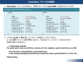 boundary ファイルを見ると，境界のタイプが cyclicAMI に設定されています．
 これを cyclic に書き直してソルバーを実行しようとすると，
２つの境界でフェイス数が異なるので，下記のエラーメッセージが出力されて
計算が実行できません．
--> FOAM FATAL ERROR:
For patch side1 there are 400 face centres, for the neighbour patch side2 there are 250
From function cyclicPolyPatch::calcTransforms()
in file meshes/polyMesh/polyPatches/constraint/cyclic/cyclicPolyPatch.C at line 161.
FOAM exiting
116
boundary ファイルの設定
side1
{
type cyclicAMI;
inGroups 1(cyclicAMI);
nFaces 400;
startFace 4478;
matchTolerance 0.0001;
transform rotational;
neighbourPatch side2;
rotationAxis (1 0 0);
rotationCentre (0 0 0);
}
constant/polyMesh/boundary
side2
{
type cyclicAMI;
inGroups 1(cyclicAMI);
nFaces 250;
startFace 4878;
matchTolerance 0.0001;
transform rotational;
neighbourPatch side1;
rotationAxis (1 0 0);
rotationCentre (0 0 0);
}
 