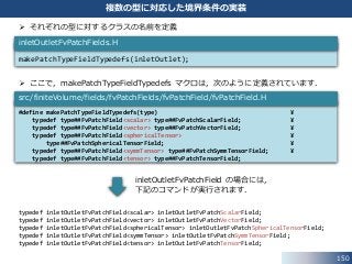  それぞれの型に対するクラスの名前を定義
 ここで，makePatchTypeFieldTypedefs マクロは，次のように定義されています．
typedef inletOutletFvPatchField<scalar> inletOutletFvPatchScalarField;
typedef inletOutletFvPatchField<vector> inletOutletFvPatchVectorField;
typedef inletOutletFvPatchField<sphericalTensor> inletOutletFvPatchSphericalTensorField;
typedef inletOutletFvPatchField<symmTensor> inletOutletFvPatchSymmTensorField;
typedef inletOutletFvPatchField<tensor> inletOutletFvPatchTensorField;
150
複数の型に対応した境界条件の実装
makePatchTypeFieldTypedefs(inletOutlet);
inletOutletFvPatchFields.H
#define makePatchTypeFieldTypedefs(type) ¥
typedef type##FvPatchField<scalar> type##FvPatchScalarField; ¥
typedef type##FvPatchField<vector> type##FvPatchVectorField; ¥
typedef type##FvPatchField<sphericalTensor> ¥
type##FvPatchSphericalTensorField; ¥
typedef type##FvPatchField<symmTensor> type##FvPatchSymmTensorField; ¥
typedef type##FvPatchField<tensor> type##FvPatchTensorField;
src/finiteVolume/fields/fvPatchFields/fvPatchField/fvPatchField.H
inletOutletFvPatchField の場合には，
下記のコマンドが実行されます．
 