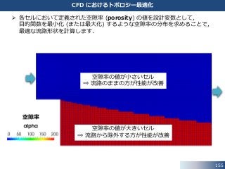 155
CFD におけるトポロジー最適化
 各セルにおいて定義された空隙率 (porosity) の値を設計変数として，
目的関数を最小化 (または最大化) するような空隙率の分布を求めることで，
最適な流路形状を計算します．
空隙率の値が小さいセル
⇒ 流路のままの方が性能が改善
空隙率の値が大きいセル
⇒ 流路から除外する方が性能が改善
空隙率
 