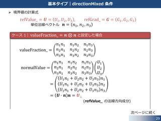 29
基本タイプ｜directionMixed 条件
 transform について
inline scalar transform(const symmTensor&, const scalar s)
{
return s;
}
template<class Cmpt>
inline Vector<Cmpt> transform(const symmTensor& stt, const Vector<Cmpt>& v)
{
return stt & v;
}
src/OpenFOAM/primitives/transform/symmTransform.H
スカラー変数に対して
ベクトル変数に対して
 