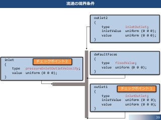 39
流速の境界条件
inlet
{
type pressureInletOutletVelocity;
value uniform (0 0 0);
}
outlet1
{
type inletOutlet;
inletValue uniform (0 0 0);
value uniform (0 0 0);
}
outlet2
{
type inletOutlet;
inletValue uniform (0 0 0);
value uniform (0 0 0);
}
defaultFaces
{
type fixedValue;
value uniform (0 0 0);
}
チェックポイント２
チェックポイント１
 