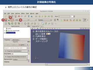 63
計算結果の可視化
 境界上のフェイスの番号の確認
67
8
⑥ 表示変数をセルベースの
Ids に変更
⑦ 凡例を表示
⑧ データ範囲に
スケーリング
 