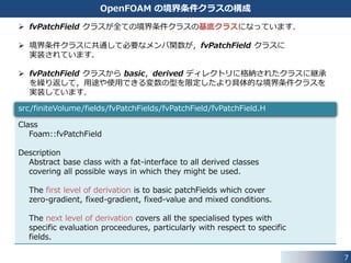 7
境界条件のソースコードの設置ディレクトリ
fvPatchField
全ての境界条件クラスの基底クラス
basic
基本的な境界条件 (ディリクレ条件，ノイマン条件など)
constraint
幾何学的な周期性や対称性などを考慮する境界条件
derived
基本的な境界条件から派生した具体的な境界条件
doc
ドキュメント
src/finiteVolume/fields/fvPatchFields
 