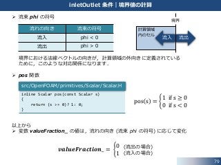 79
 流束 phi の符号
境界における法線ベクトルの向きが，計算領域の外向きに定義されている
ために，このような対応関係になります．
 pos 関数
以上から
 変数 valueFraction_ の値は，流れの向き (流束 phi の符号) に応じて変化
流出
計算領域
内のセル
流入
流れの向き 流束の符号
流入 phi < 0
流出 phi > 0
pos s =
1 if s ≥ 0
0 if s < 0
𝒗𝒂𝒍𝒖𝒆𝑭𝒓𝒂𝒄𝒕𝒊𝒐𝒏_ =
0
1
(流出の場合)
(流入の場合)
境界
inline Scalar pos(const Scalar s)
{
return (s >= 0)? 1: 0;
}
inletOutlet 条件｜境界値の計算
src/OpenFOAM/primitives/Scalar/Scalar.H
 