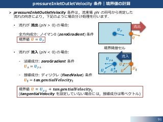 91
pressureInletOutletVelocity 条件｜境界値の計算
 pressureInletOutletVelocity 条件は，流束場 phi の符号から判定した
流れの向きにより，下記のように場合分け処理を行います．
• 流れが 流出 (phi > 0) の場合:
全方向成分: ノイマン0 (zeroGradient) 条件
境界値 𝑼 = 𝑼 𝑝
• 流れが 流入 (phi < 0) の場合:
- 法線成分: zeroGradient 条件
𝑼⊥ = 𝑼 𝑝⊥
- 接線成分: ディリクレ (fixedValue) 条件
𝑼∥ = 𝒕𝒂𝒏𝒈𝒆𝒏𝒕𝒊𝒂𝒍𝑽𝒆𝒍𝒐𝒄𝒊𝒕𝒚∥
境界値 𝑼 = 𝑼 𝑝⊥ + 𝒕𝒂𝒏𝒈𝒆𝒏𝒕𝒊𝒂𝒍𝑽𝒆𝒍𝒐𝒄𝒊𝒕𝒚∥
(tangentialVelocity を設定していない場合には，接線成分は零ベクトル)
境界隣接セル
流出
流入
𝑼 𝑝
𝑼
𝑼
𝑼 𝑝⊥
𝑼 𝑝∥𝑼 𝑝
𝑼⊥
𝑼∥
 