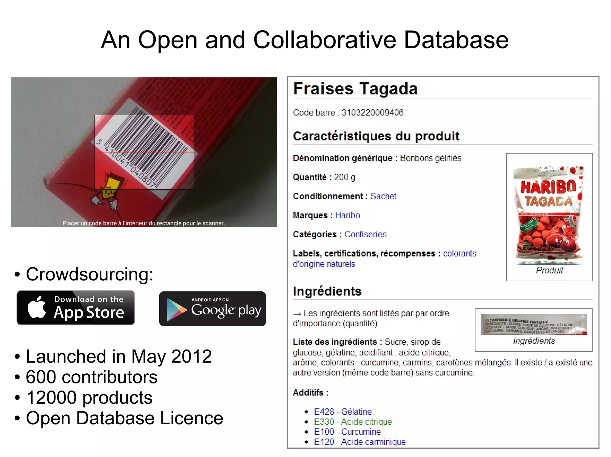 An Open and Collaborative Database
● Crowdsourcing:
● Launched in May 2012
● 600 contributors
● 12000 products
● Open Database Licence
 