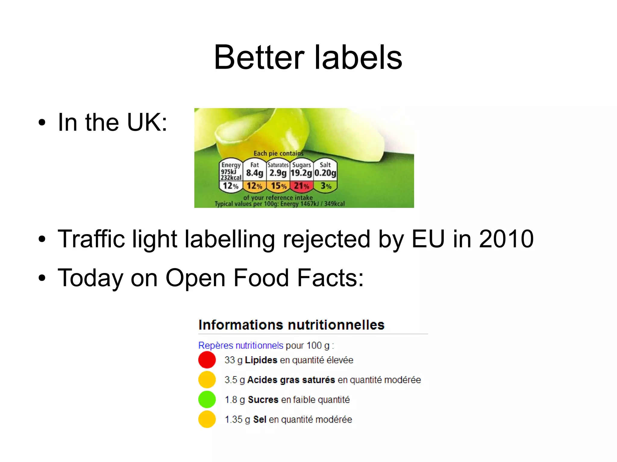 Better labels
● In the UK:
● Traffic light labelling rejected by EU in 2010
● Today on Open Food Facts:
 