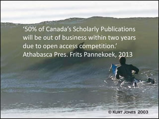 ‘50% of Canada’s Scholarly Publications
will be out of business within two years
due to open access competition.’
Athabasca Pres. Frits Pannekoek, 2013
 