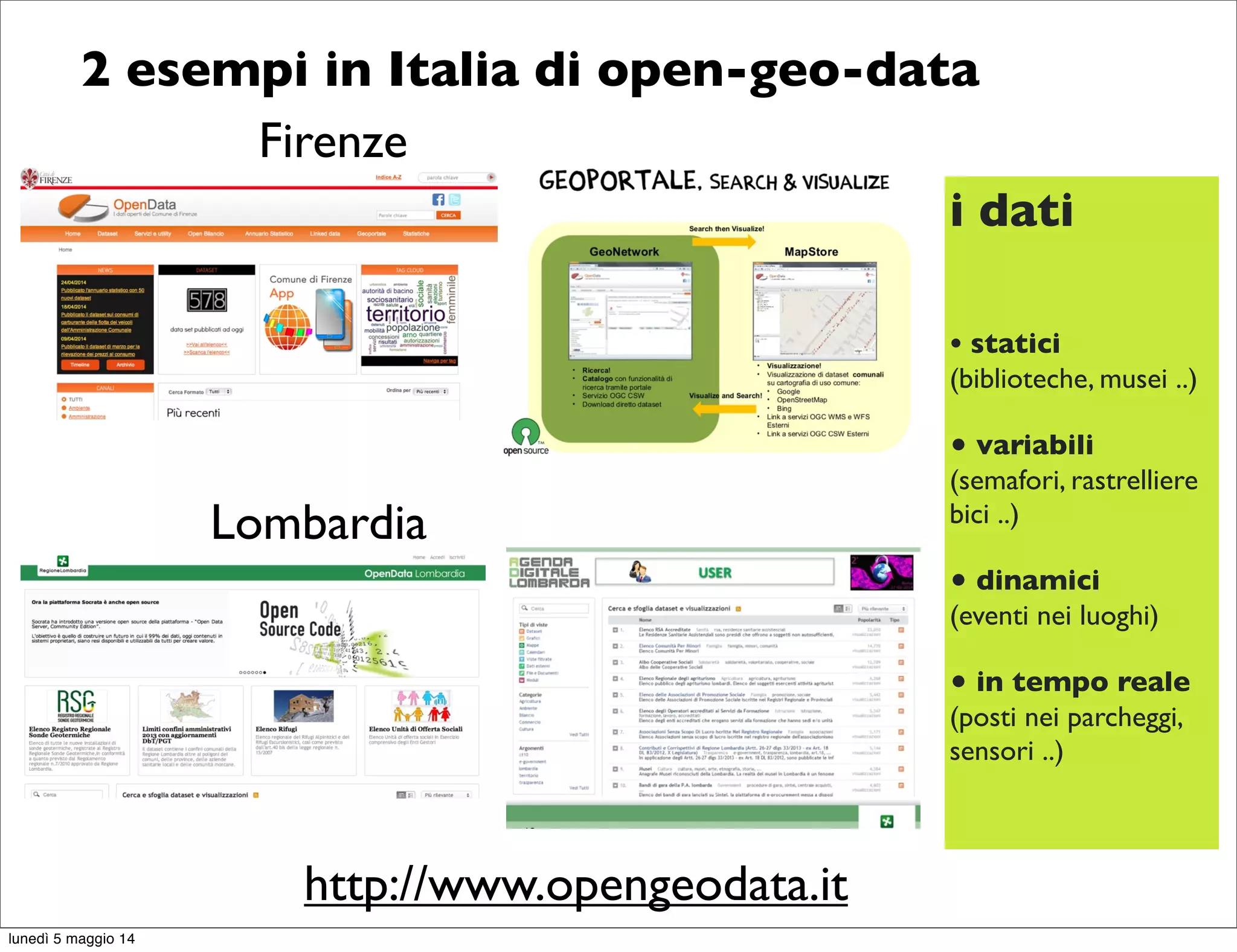 2 esempi in Italia di open-geo-data
Firenze
Lombardia
http://www.opengeodata.it
i dati
• statici
(biblioteche, musei ..)
• variabili
(semafori, rastrelliere
bici ..)
• dinamici
(eventi nei luoghi)
• in tempo reale
(posti nei parcheggi,
sensori ..)
lunedì 5 maggio 14
 