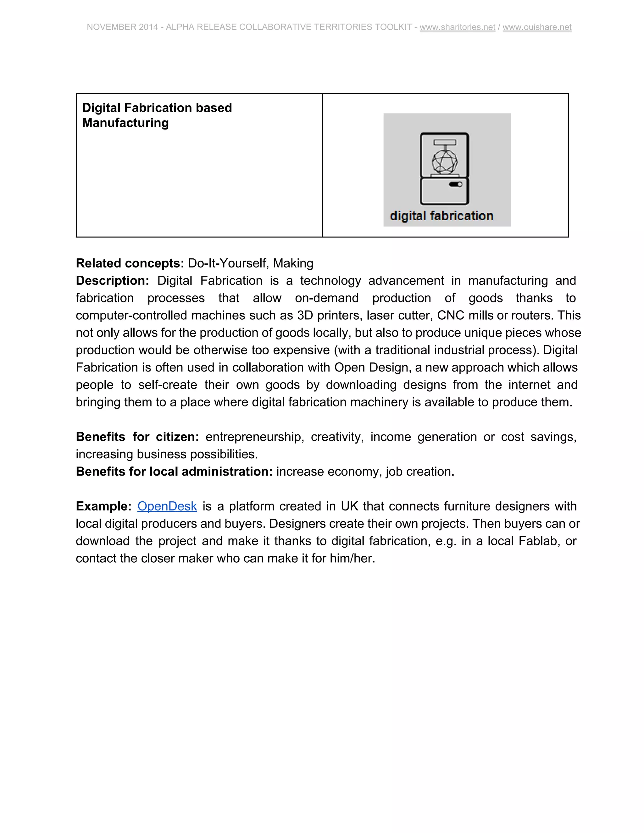 NOVEMBER 2014 ­ALPHA 
RELEASE COLLABORATIVE TERRITORIES TOOLKIT ­www. 
sharitories.net / www.ouishare.net 
Digital Fabrication based 
Manufacturing 
Related concepts: Do­It­Yourself, 
Making 
Description: Digital Fabrication is a technology advancement in manufacturing and 
fabrication processes that allow on­demand 
production of goods thanks to 
computer­controlled 
machines such as 3D printers, laser cutter, CNC mills or routers. 
This not only allows for the production of goods locally, but also to produce unique 
pieces whose production would be otherwise too expensive (with a traditional industrial 
process). Digital Fabrication is often used in collaboration with Open Design, a new 
approach which allows people to self­create 
their own goods by downloading designs 
from the internet and bringing them to a place where digital fabrication machinery is 
available to produce them. 
Benefits for citizen: entrepreneurship, creativity, income generation or cost savings, 
increasing business possibilities. 
Benefits for local administration: increase economy, job creation. 
Example: OpenDesk is a platform created in UK that connects furniture designers with 
local digital producers and buyers. Designers create their own projects. Then buyers 
can or download the project and make it thanks to digital fabrication, e.g. in a local 
Fablab, or contact the closer maker who can make it for him/her. 
 