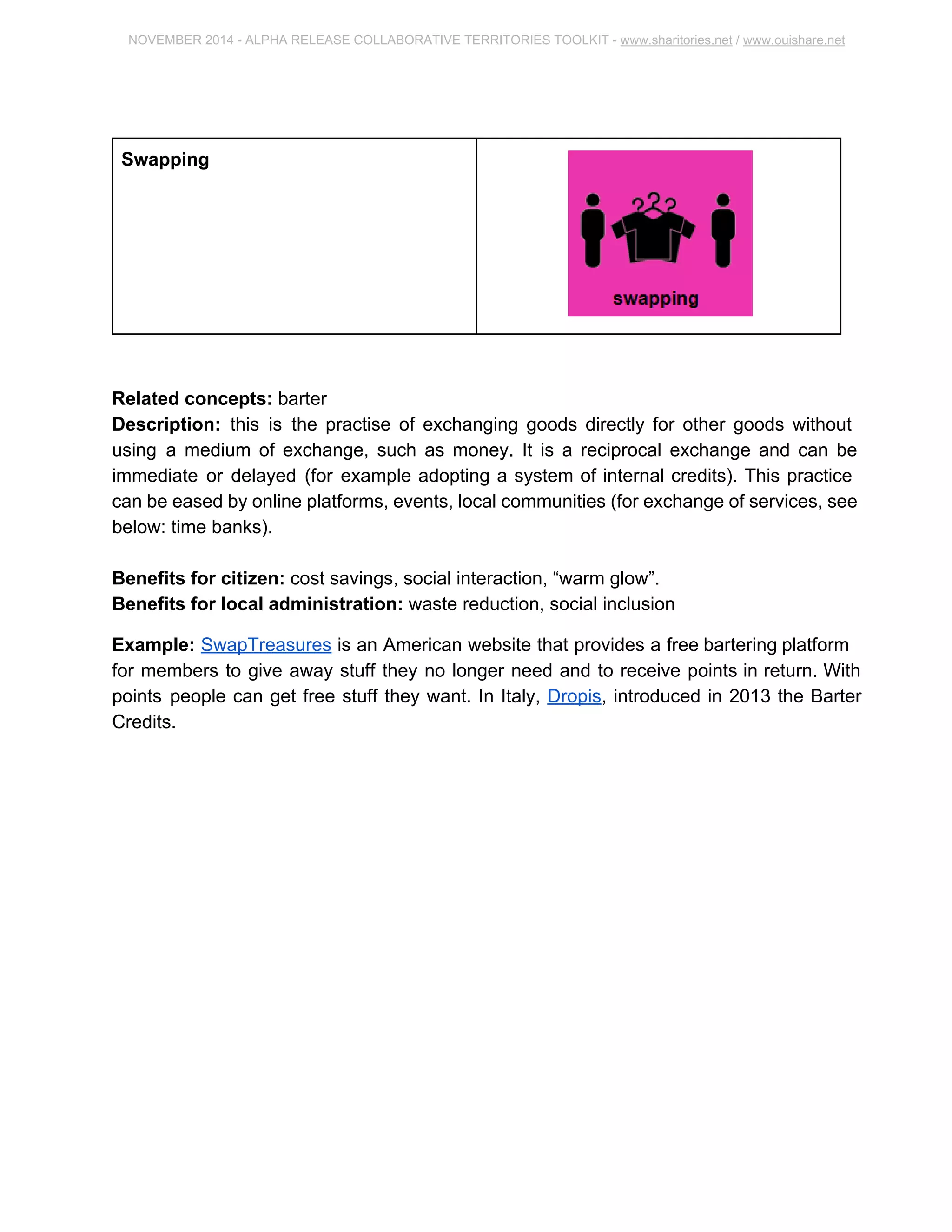 NOVEMBER 2014 ­ALPHA 
RELEASE COLLABORATIVE TERRITORIES TOOLKIT ­www. 
sharitories.net / www.ouishare.net 
Swapping 
Related concepts: barter 
Description: this is the practise of exchanging goods directly for other goods without 
using a medium of exchange, such as money. It is a reciprocal exchange and can be 
immediate or delayed (for example adopting a system of internal credits). This practice 
can be eased by online platforms, events, local communities (for exchange of services, 
see below: time banks). 
Benefits for citizen: cost savings, social interaction, “warm glow”. 
Benefits for local administration: waste reduction, social inclusion 
Example: SwapTreasures is an American website that provides a free bartering 
platform for members to give away stuff they no longer need and to receive points in 
return. With points people can get free stuff they want. In Italy, Dropis, introduced in 
2013 the Barter Credits. 
 