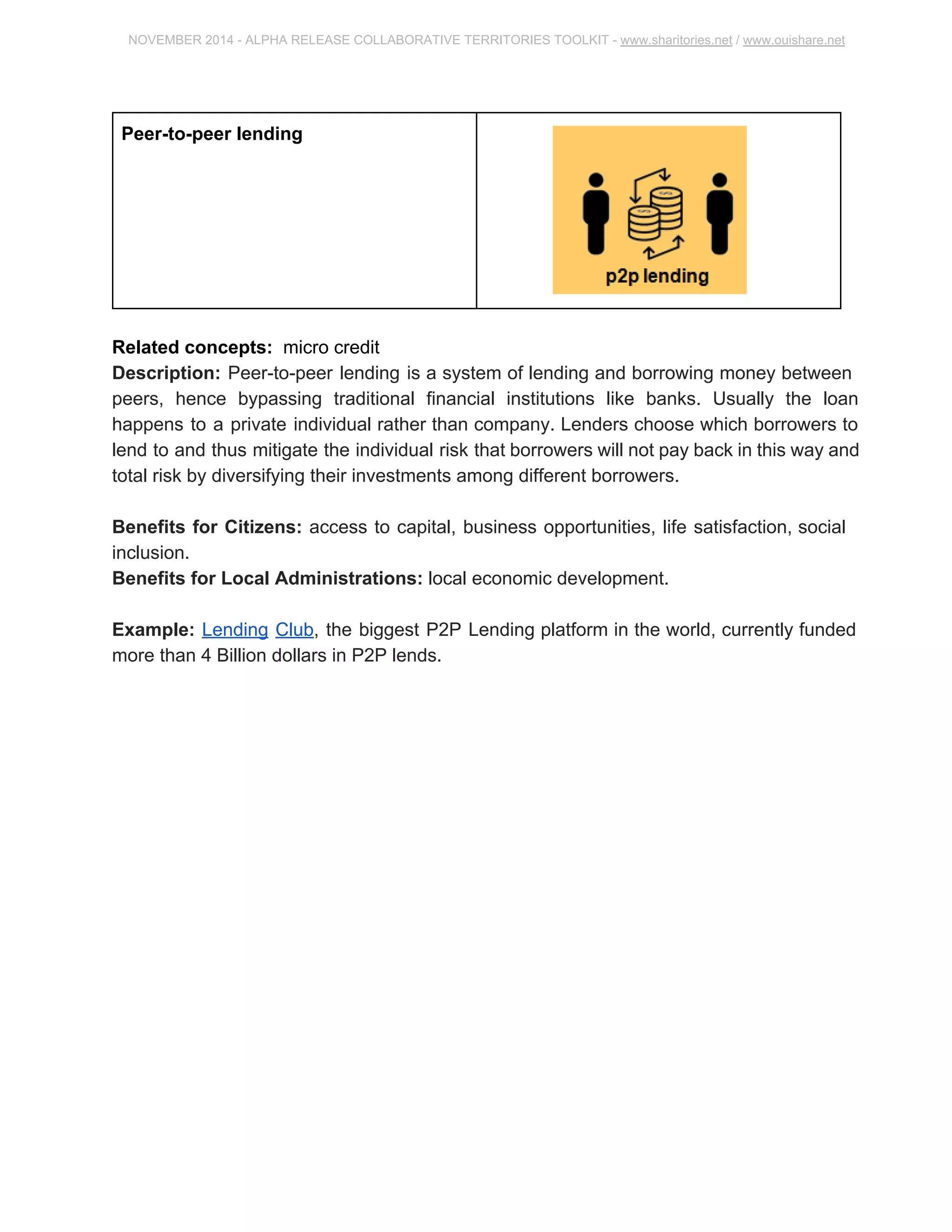 NOVEMBER 2014 ­ALPHA 
RELEASE COLLABORATIVE TERRITORIES TOOLKIT ­www. 
sharitories.net / www.ouishare.net 
Peer­to­peer 
lending 
Related concepts: micro credit 
Description: Peer­to­peer 
lending is a system of lending and borrowing money 
between peers, hence bypassing traditional financial institutions like banks. Usually the 
loan happens to a private individual rather than company. Lenders choose which 
borrowers to lend to and thus mitigate the individual risk that borrowers will not pay back 
in this way and total risk by diversifying their investments among different borrowers. 
Benefits for Citizens: access to capital, business opportunities, life satisfaction, social 
inclusion. 
Benefits for Local Administrations: local economic development. 
Example: Lending Club, the biggest P2P Lending platform in the world, currently 
funded more than 4 Billion dollars in P2P lends. 
 