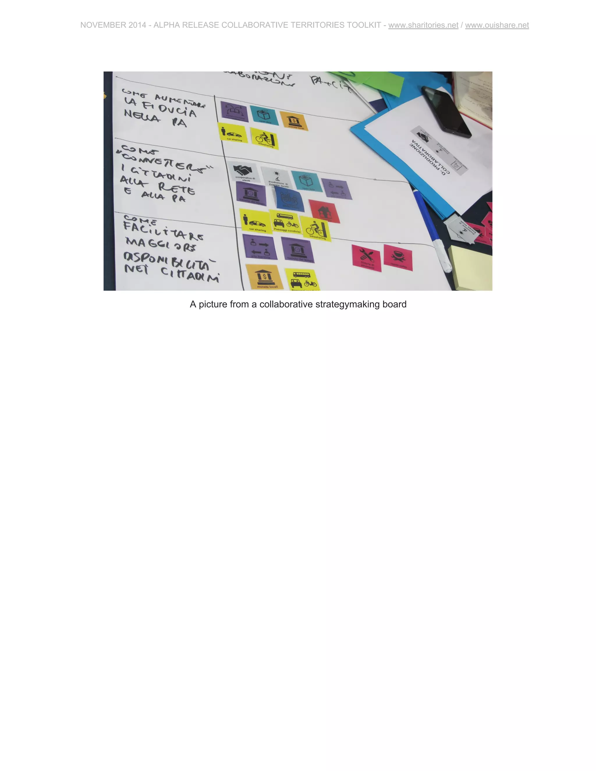 NOVEMBER 2014 ­ALPHA 
RELEASE COLLABORATIVE TERRITORIES TOOLKIT ­www. 
sharitories.net / www.ouishare.net 
A picture from a collaborative strategymaking board 
 