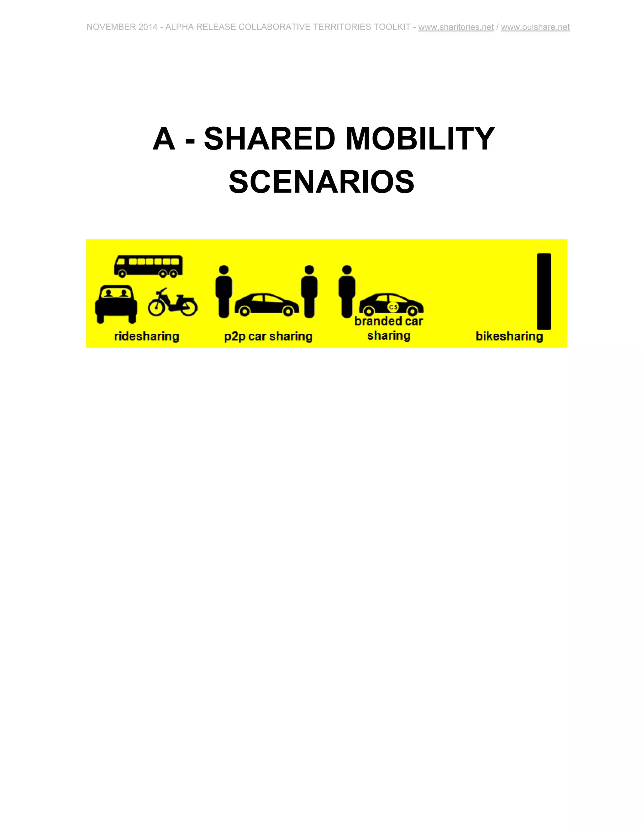 NOVEMBER 2014 ­ALPHA 
RELEASE COLLABORATIVE TERRITORIES TOOLKIT ­www. 
sharitories.net / www.ouishare.net 
A ­SHARED 
MOBILITY 
SCENARIOS 
 