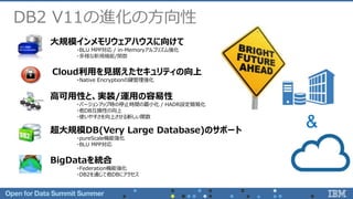 大規模インメモリウェアハウスに向けて
・BLU MPP対応 / in-Memoryアルゴリズム強化
・多様な新規機能/関数
Cloud利用を見据えたセキュリティの向上
・Native Encryptionの鍵管理強化
高可用性と、実装/運用の容易性
・バージョンアップ時の停止時間の最小化 / HADR設定簡易化
・他DB互換性の向上
・使いやすさを向上させる新しい関数
超大規模DB(Very Large Database)のサポート
・pureScale機能強化
・BLU MPP対応
BigDataを統合
・Federation機能強化
・DB2を通じて他DBにアクセス
&
DB2 V11の進化の方向性
 