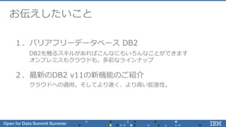 お伝えしたいこと
１．バリアフリーデータベース DB2
２．最新のDB2 v11の新機能のご紹介
DB2を触るスキルがあればこんなにもいろんなことができます
オンプレミスもクラウドも。多彩なラインナップ
クラウドへの適用。そしてより速く、より高い拡張性。
 
