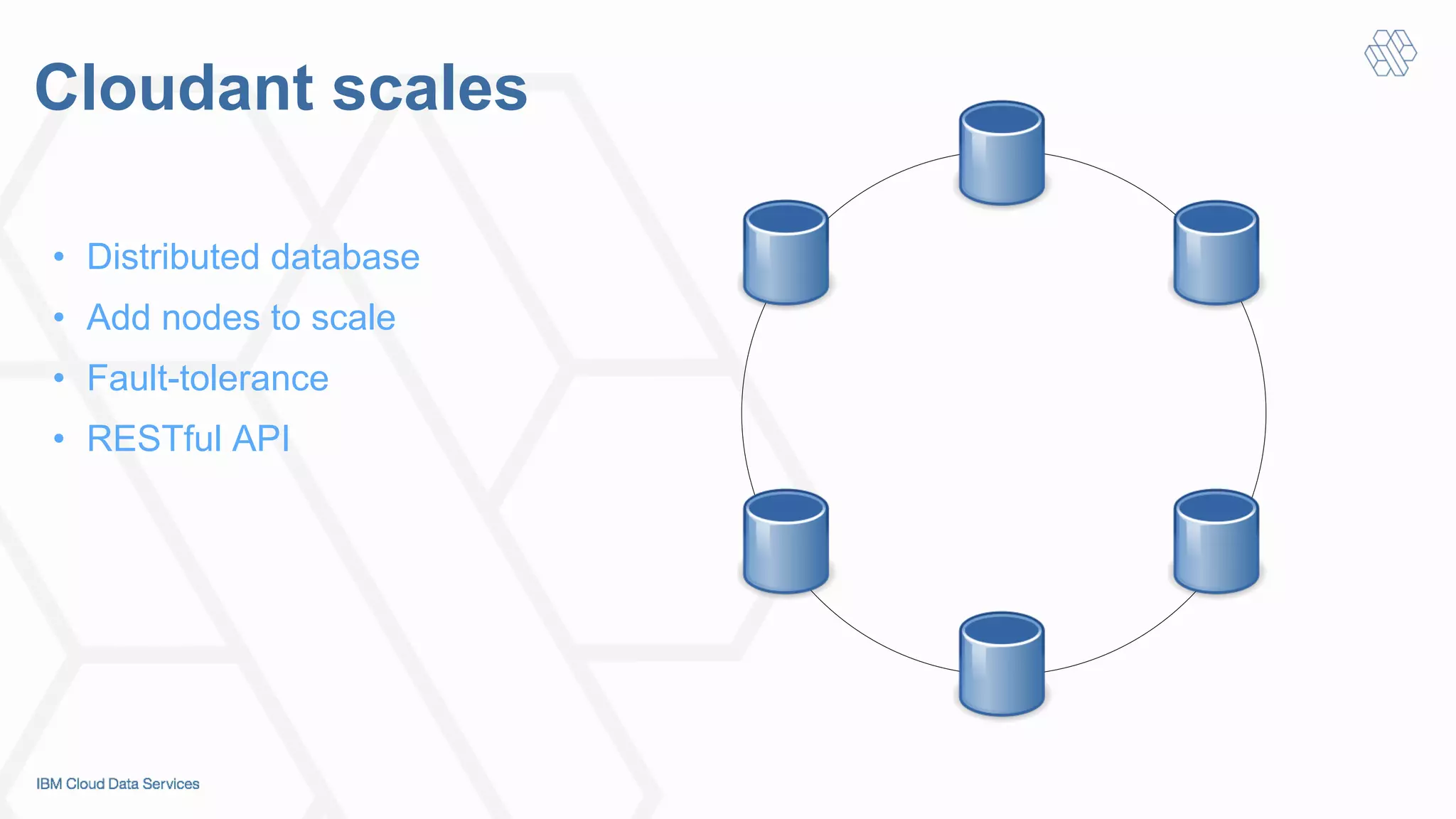 Cloudant scales
•  Distributed database
•  Add nodes to scale
•  Fault-tolerance
•  RESTful API
 