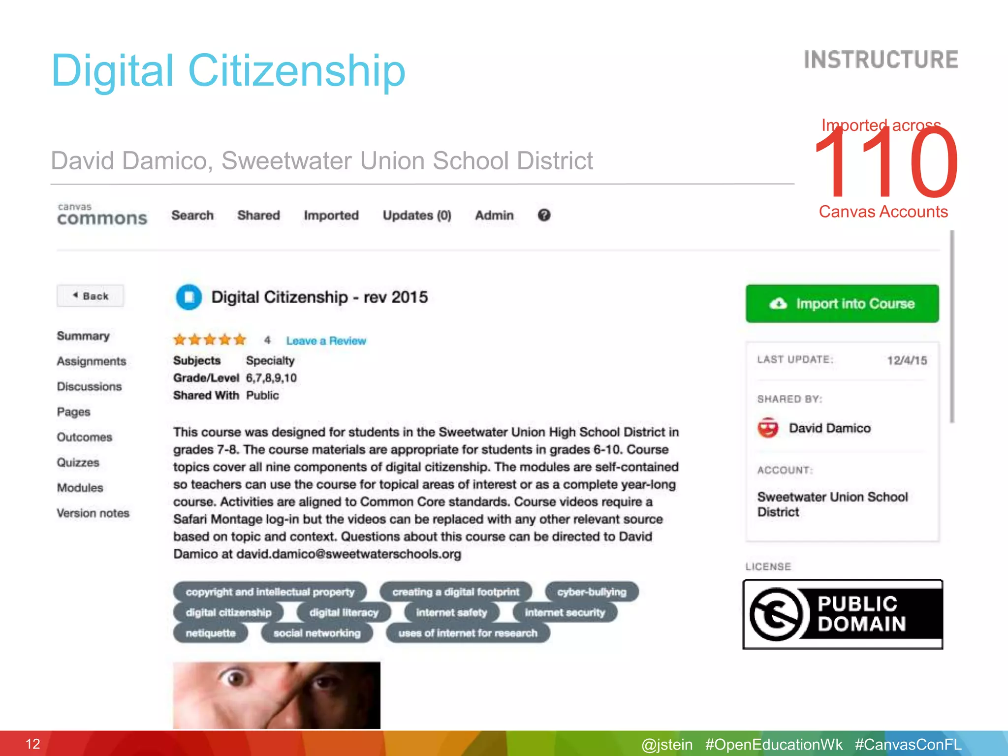 @jstein #OpenEducationWk #CanvasConFL12
David Damico, Sweetwater Union School District
Digital Citizenship
Imported across
110Canvas Accounts
 