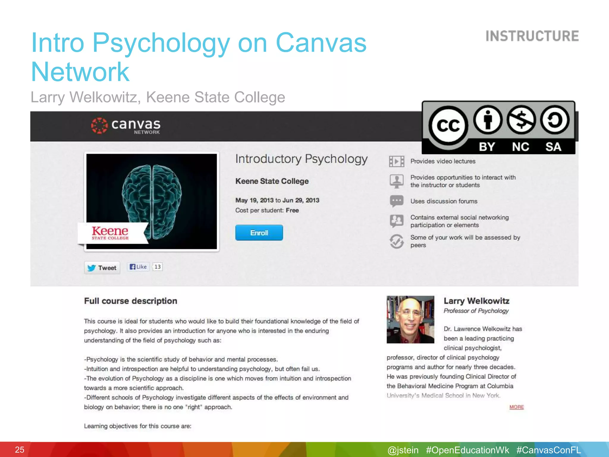@jstein #OpenEducationWk #CanvasConFL25
Larry Welkowitz, Keene State College
Intro Psychology on Canvas
Network
 