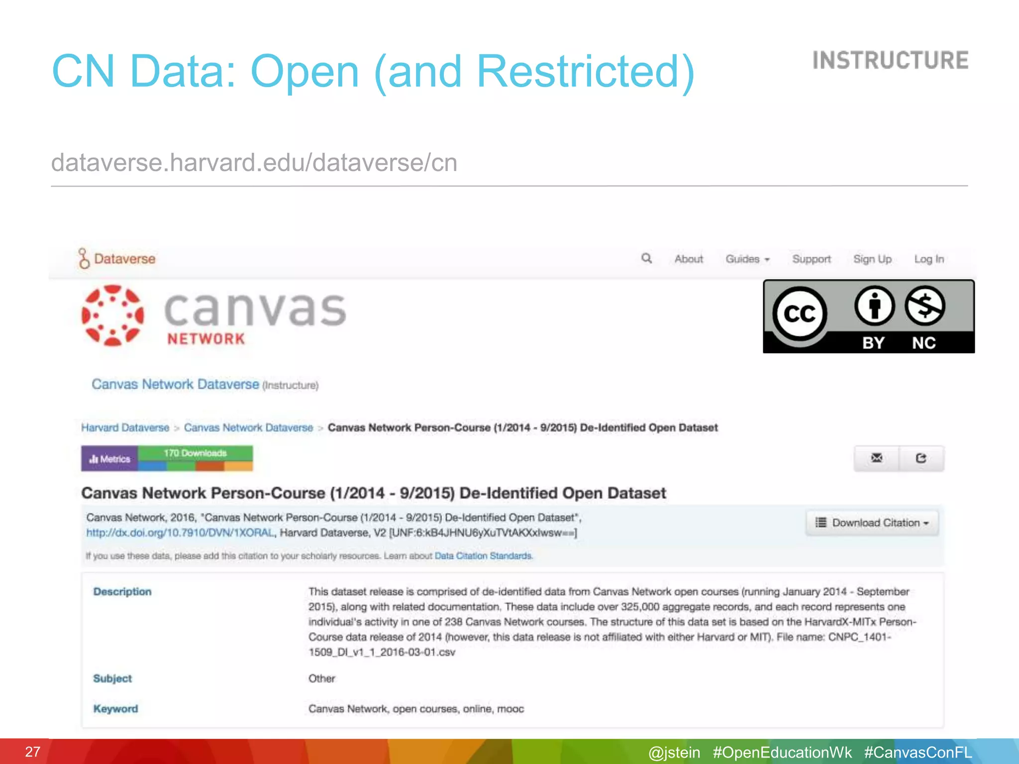 @jstein #OpenEducationWk #CanvasConFL27
dataverse.harvard.edu/dataverse/cn
CN Data: Open (and Restricted)
 