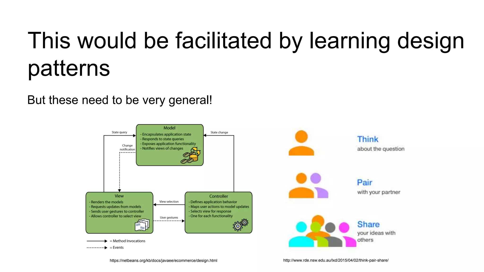 This would be facilitated by learning design
patterns
But these need to be very general!
http://www.rde.nsw.edu.au/lxd/2015/04/02/think-pair-share/https://netbeans.org/kb/docs/javaee/ecommerce/design.html
 