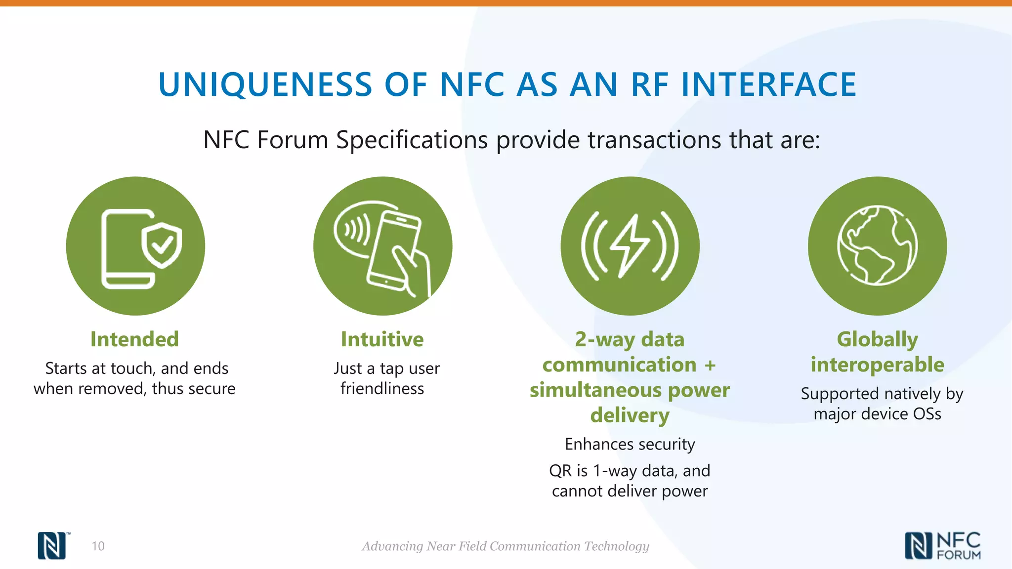 UNIQUENESS OF NFC AS AN RF INTERFACE
Advancing Near Field Communication Technology
10
NFC Forum Specifications provide transactions that are:
Intended
Starts at touch, and ends
when removed, thus secure
Intuitive
Just a tap user
friendliness
2-way data
communication +
simultaneous power
delivery
Enhances security
QR is 1-way data, and
cannot deliver power
Globally
interoperable
Supported natively by
major device OSs
 