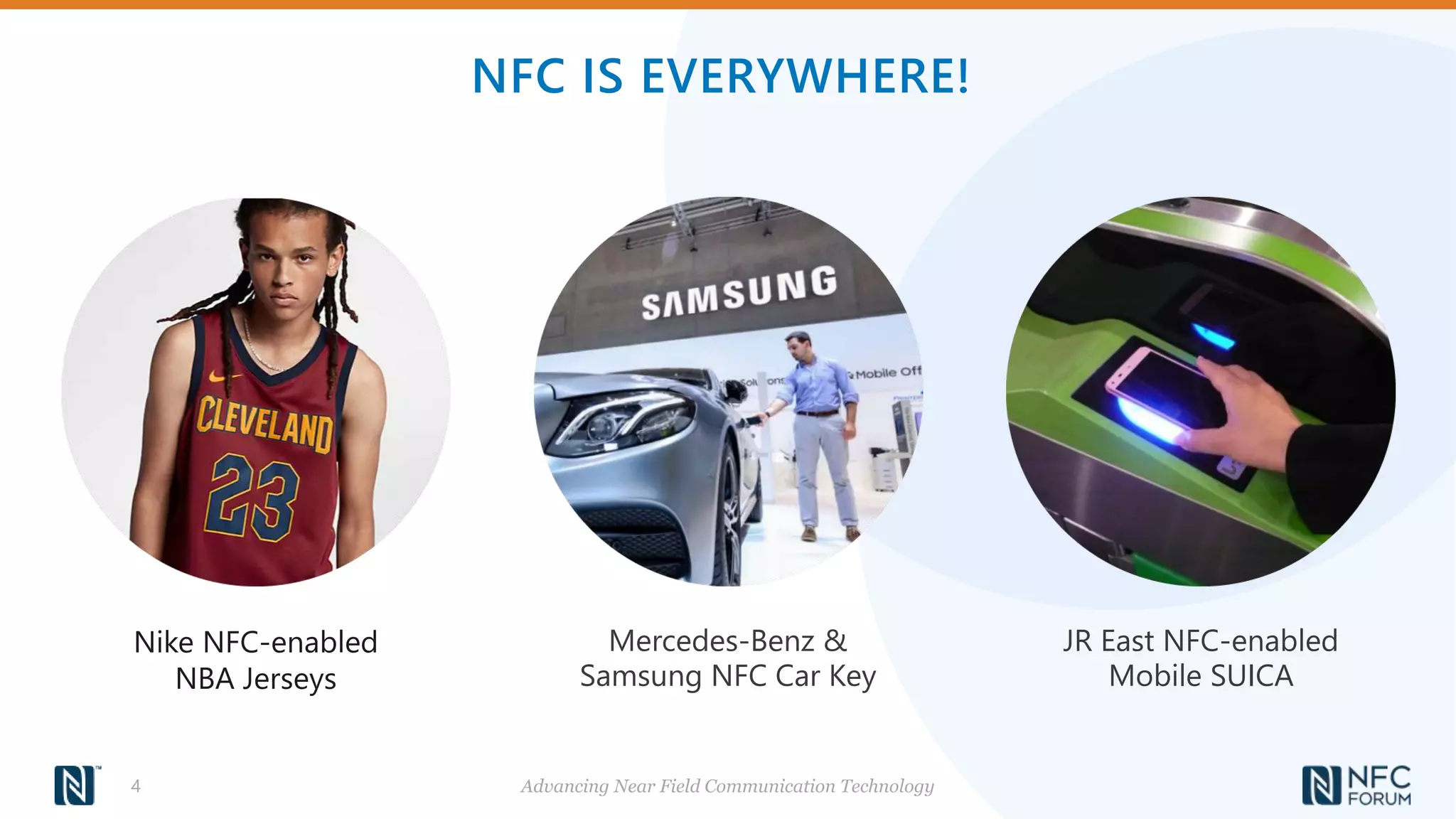 NFC IS EVERYWHERE!
Advancing Near Field Communication Technology
4
Nike NFC-enabled
NBA Jerseys
Mercedes-Benz &
Samsung NFC Car Key
JR East NFC-enabled
Mobile SUICA
 