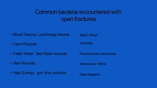 Common bacteria encountered with
open fractures
• Blunt Trauma, LowEnergy trauma
• Farm Wounds
• Fresh Water SeaWater wounds
• War Wounds,
• High Energy gun shot wounds
Staph,Strept
Clostridia
Pseudomonas,Aeromonas
Aeromonas, Vibrios
GramNegative
 
