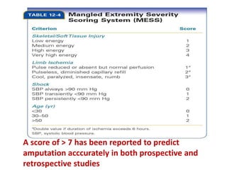 A score of > 7 has been reported to predict
amputation acccurately in both prospective and
retrospective studies
 