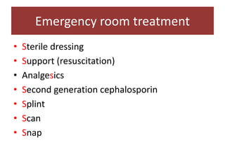 Emergency room treatment
• Sterile dressing
• Support (resuscitation)
• Analgesics
• Second generation cephalosporin
• Splint
• Scan
• Snap
 