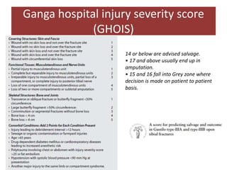 14 or below are advised salvage.
• 17 and above usually end up in
amputation.
• 15 and 16 fall into Grey zone where
decision is made on patient to patient
basis.
Ganga hospital injury severity score
(GHOIS)
 