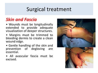 Skin and Fascia
• Wounds must be longitudinally
extended to provide adequate
visualization of deeper structures.
• Margins must be trimmed to
bleeding dermis to create a clean
wound edge.
• Gentle handling of the skin and
prevention of degloving are
essential.
• All avascular fascia must be
excised.
Surgical treatment
 