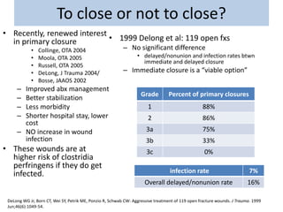 To close or not to close?
• Recently, renewed interest
in primary closure
• Collinge, OTA 2004
• Moola, OTA 2005
• Russell, OTA 2005
• DeLong, J Trauma 2004/
• Bosse, JAAOS 2002
– Improved abx management
– Better stabilization
– Less morbidity
– Shorter hospital stay, lower
cost
– NO increase in wound
infection
• These wounds are at
higher risk of clostridia
perfringens if they do get
infected.
• 1999 Delong et al: 119 open fxs
– No significant difference
• delayed/nonunion and infection rates btwn
immediate and delayed closure
– Immediate closure is a “viable option”
DeLong WG Jr, Born CT, Wei SY, Petrik ME, Ponzio R, Schwab CW: Aggressive treatment of 119 open fracture wounds. J Trauma. 1999
Jun;46(6):1049-54.
infection rate 7%
Overall delayed/nonunion rate 16%
Grade Percent of primary closures
1 88%
2 86%
3a 75%
3b 33%
3c 0%
 