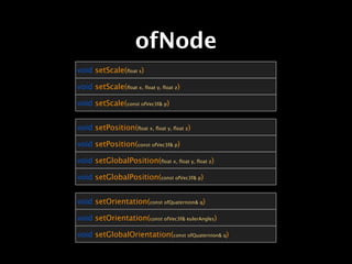 ofNode
void setScale(ﬂoat s)

void setScale(ﬂoat x, ﬂoat y, ﬂoat z)

void setScale(const ofVec3f& p)


void setPosition(ﬂoat x, ﬂoat y, ﬂoat z)

void setPosition(const ofVec3f& p)

void setGlobalPosition(ﬂoat x, ﬂoat y, ﬂoat z)

void setGlobalPosition(const ofVec3f& p)


void setOrientation(const ofQuaternion& q)

void setOrientation(const ofVec3f& eulerAngles)

void setGlobalOrientation(const ofQuaternion& q)
 