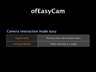 ofEasyCam


Camera interaction made easy

     begin()/end()       Put your draw calls between these

   setTarget(ofNode)        Follow and look at a target
 