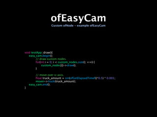 ofEasyCam
                   Custom ofNode - example ofEasyCam




void testApp::draw(){

 easy_cam.begin();

 
      // draw custom nodes.

 
      for(int i = 0; i < custom_nodes.size(); ++i) {

 
      
    custom_nodes[i]->draw();

 
      }

 

 
      // move over x-axis.

 
      float truck_amount = sin(ofGetElapsedTimef()*0.5) * 0.001;

 
      mover->truck(truck_amount);

 easy_cam.end();
}
 
