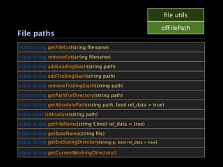 ﬁle utils

                                                                      ofFilePath
File paths
static string getFileExt(string ﬁlename)

static string removeExt(string ﬁlename)

static string addLeadingSlash(string path)

static string addTrailingSlash(string path)

static string removeTrailingSlash(string path)

static string getPathForDirectory(string path)

static string getAbsolutePath(string path, bool rel_data = true)

static bool isAbsolute(string path)

static string getFileName(string f,bool rel_data = true)

static string getBaseName(string ﬁle)
static string getEnclosingDirectory(string p, bool rel_data = true)

static string getCurrentWorkingDirectory()
 