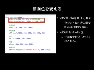 描画色を変える

     •  ofSetColor(  R  ,  G  ,  B  );	
          –  色を赤・緑・青の順で
            0~255の範囲で指定。	

     •  ofSetHexColor();	
          –  16進数で指定したい人
            はこちら。	

     	
 