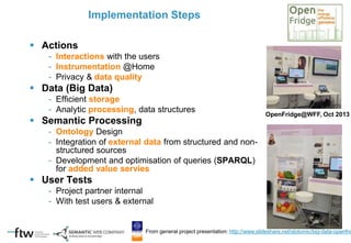  Actions
- Interactions with the users
- Instrumentation @Home
- Privacy & data quality
 Data (Big Data)
- Efficient storage
- Analytic processing, data structures
 Semantic Processing
- Ontology Design
- Integration of external data from structured and non-
structured sources
- Development and optimisation of queries (SPARQL)
for added value servies
 User Tests
- Project partner internal
- With test users & external
Implementation Steps
OpenFridge@WFF, Oct 2013
From general project presentation: http://www.slideshare.net/slotomic/big-data-openfrid
 