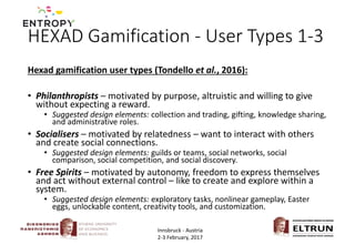 HEXAD Gamification - User Types 1-3
Hexad gamification user types (Tondello et al., 2016):
• Philanthropists – motivated by purpose, altruistic and willing to give
without expecting a reward.
• Suggested design elements: collection and trading, gifting, knowledge sharing,
and administrative roles.
• Socialisers – motivated by relatedness – want to interact with others
and create social connections.
• Suggested design elements: guilds or teams, social networks, social
comparison, social competition, and social discovery.
• Free Spirits – motivated by autonomy, freedom to express themselves
and act without external control – like to create and explore within a
system.
• Suggested design elements: exploratory tasks, nonlinear gameplay, Easter
eggs, unlockable content, creativity tools, and customization.
Innsbruck - Austria
2-3 February, 2017
 