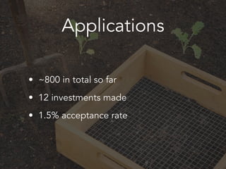 Applications
• ~800 in total so far
• 12 investments made
• 1.5% acceptance rate
 