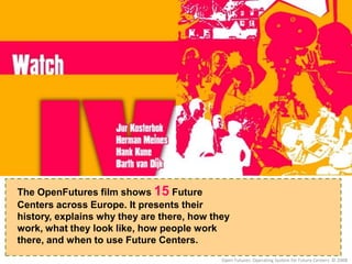 Future Centers are Different Why a Physical PerspectiveWhy invest in the physical aspect?The feelings we aim to createThe Future Center as landmark, image, and brand Understanding a Space – the SensesThe 16 Factors:Location and buildings <> Good neighborhood and multi-functionalism <> Functional spaces and layouts <> Ambiance <> Surprises – the WOW! Effect <>  The gate to the future <> Sense 1: Sight <> ……